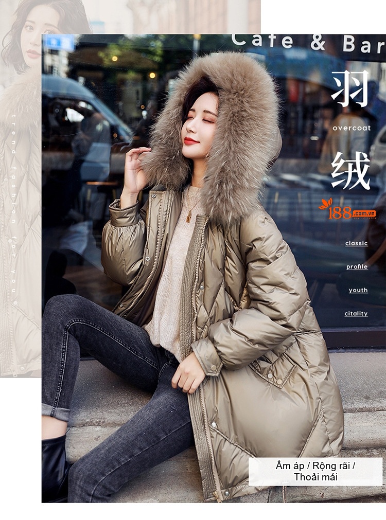 Áo Khoác Phao Nữ Dáng Dài Vừa Hàn Quốc Mũ Lông Thật Dày Dặn Màu Be, Đen, Hồng chi tiết 1