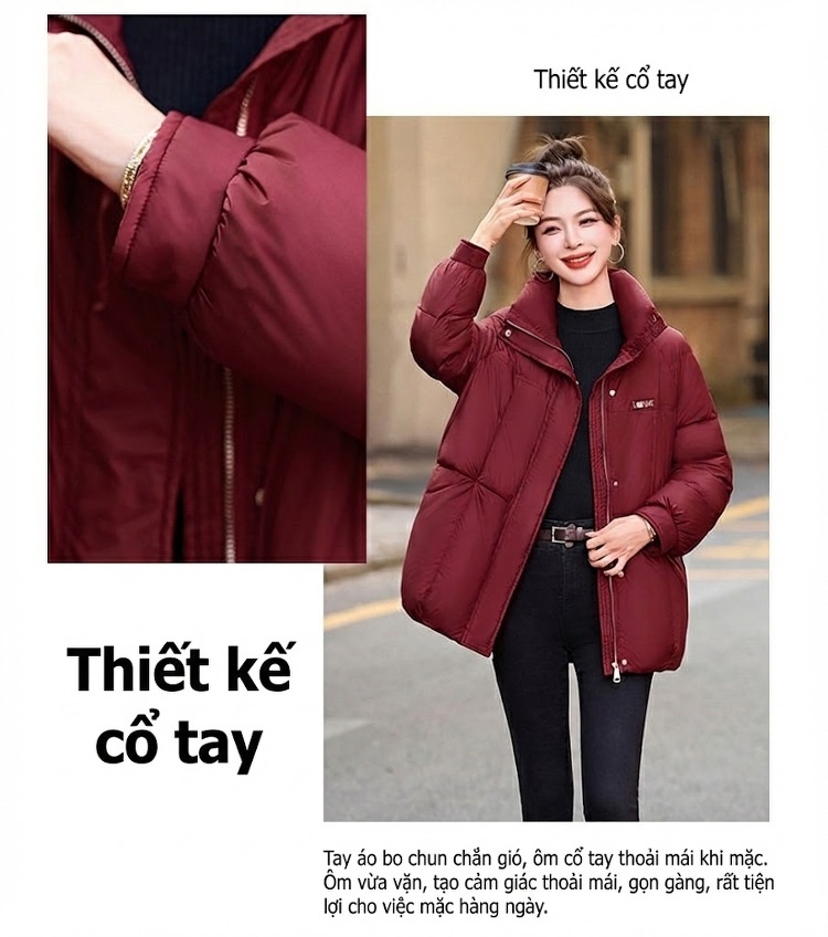 Áo Khoác Phao Nữ Dáng Dài Vừa Vải Phao Lót Lông Vũ Trắng Phong Cách Thời Trang Màu Đỏ, Vàng, Đen chi tiết 5