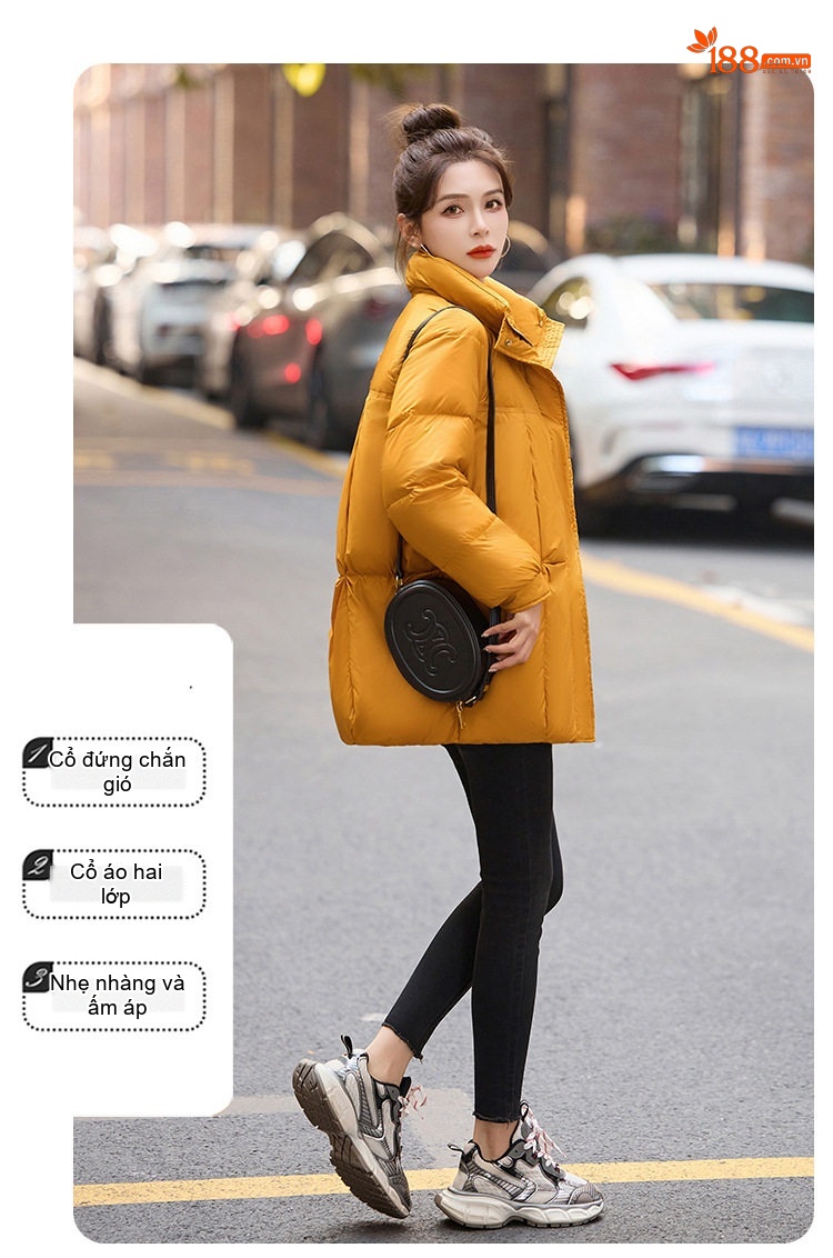 Áo Khoác Phao Nữ Dáng Dài Vừa Vải Phao Lót Lông Vũ Trắng Phong Cách Thời Trang Màu Đỏ, Vàng, Đen chi tiết 8