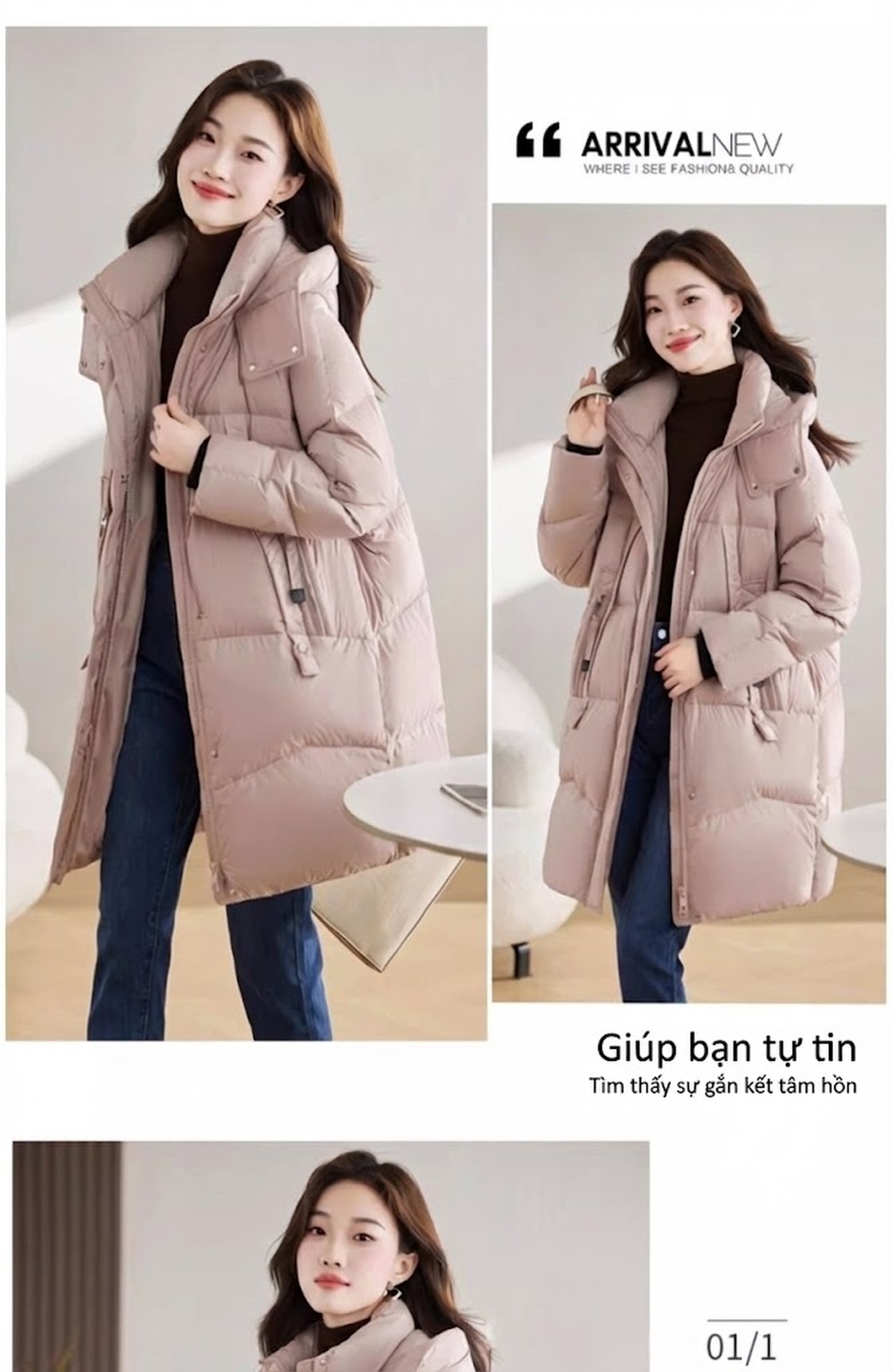Áo Khoác Phao Nữ Dáng Dài Vừa Vặn Dáng Nhỏ Gọn Ấm Áp Màu Hồng, Xám, Đen chi tiết 8
