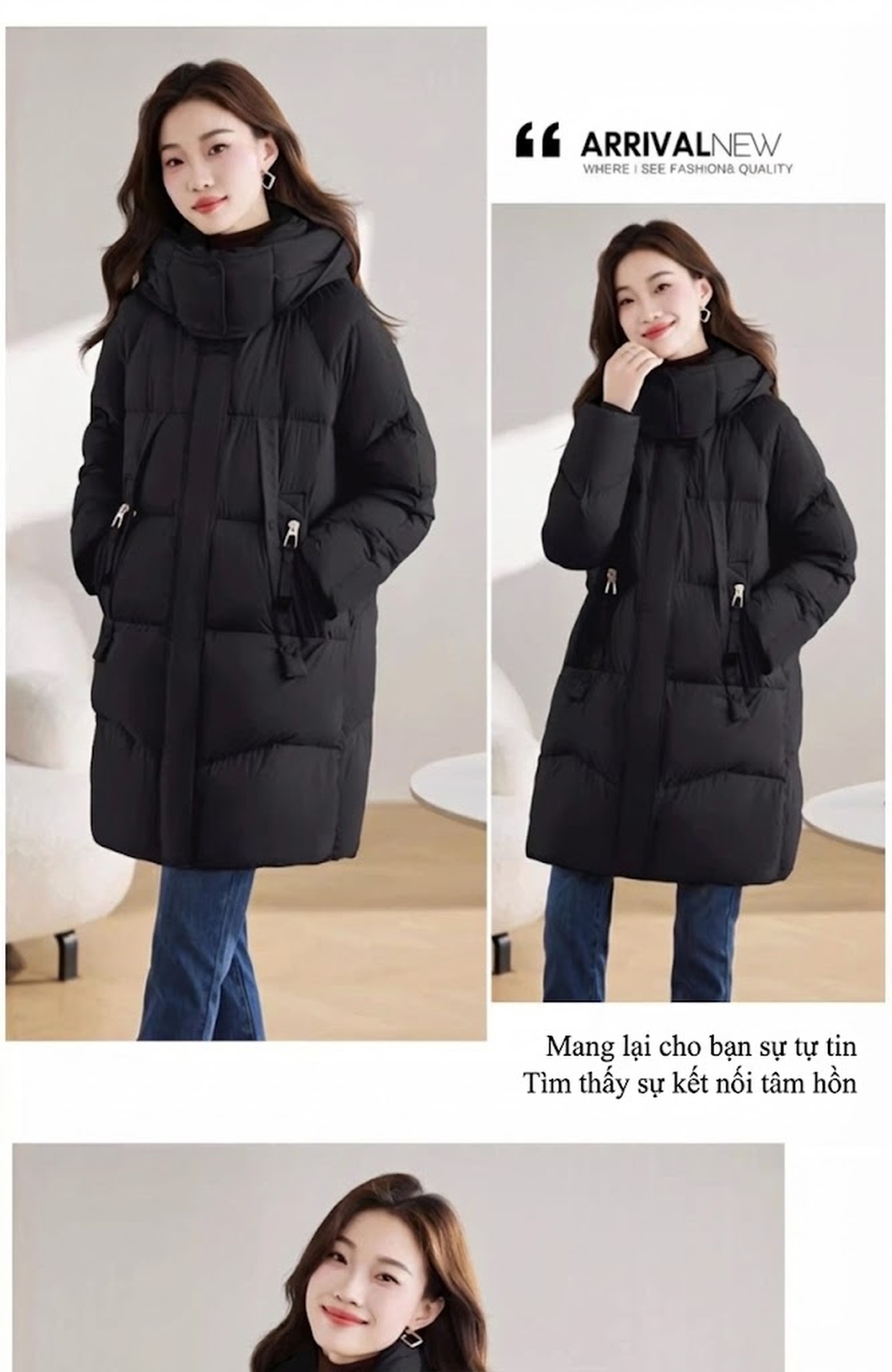 Áo Khoác Phao Nữ Dáng Dài Vừa Vặn Dáng Nhỏ Gọn Ấm Áp Màu Hồng, Xám, Đen chi tiết 16