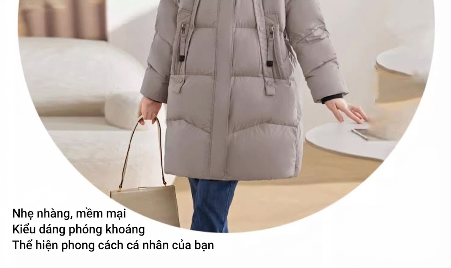Áo Khoác Phao Nữ Dáng Dài Vừa Vặn Dáng Nhỏ Gọn Ấm Áp Màu Hồng, Xám, Đen chi tiết 21