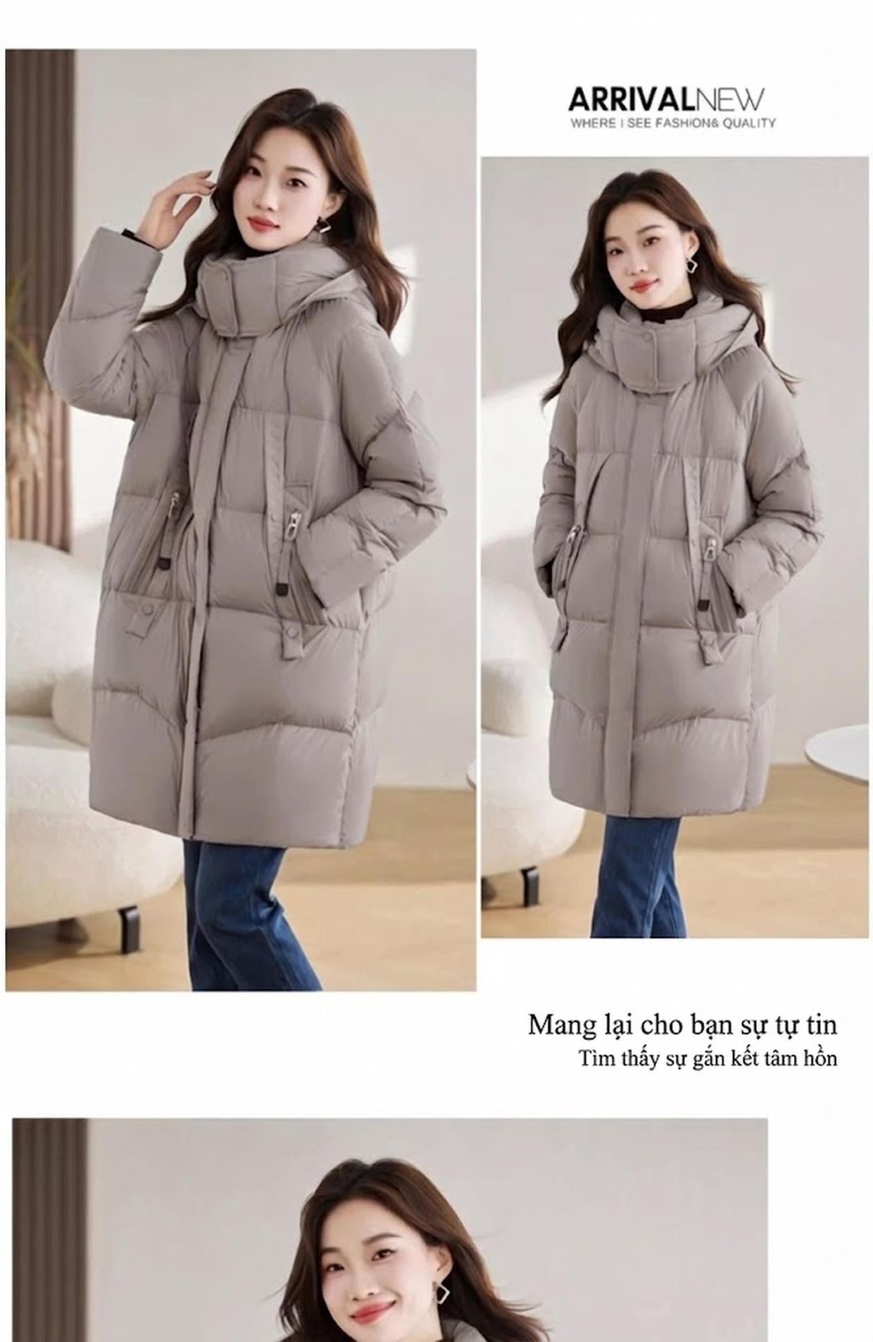 Áo Khoác Phao Nữ Dáng Dài Vừa Vặn Dáng Nhỏ Gọn Ấm Áp Màu Hồng, Xám, Đen chi tiết 22