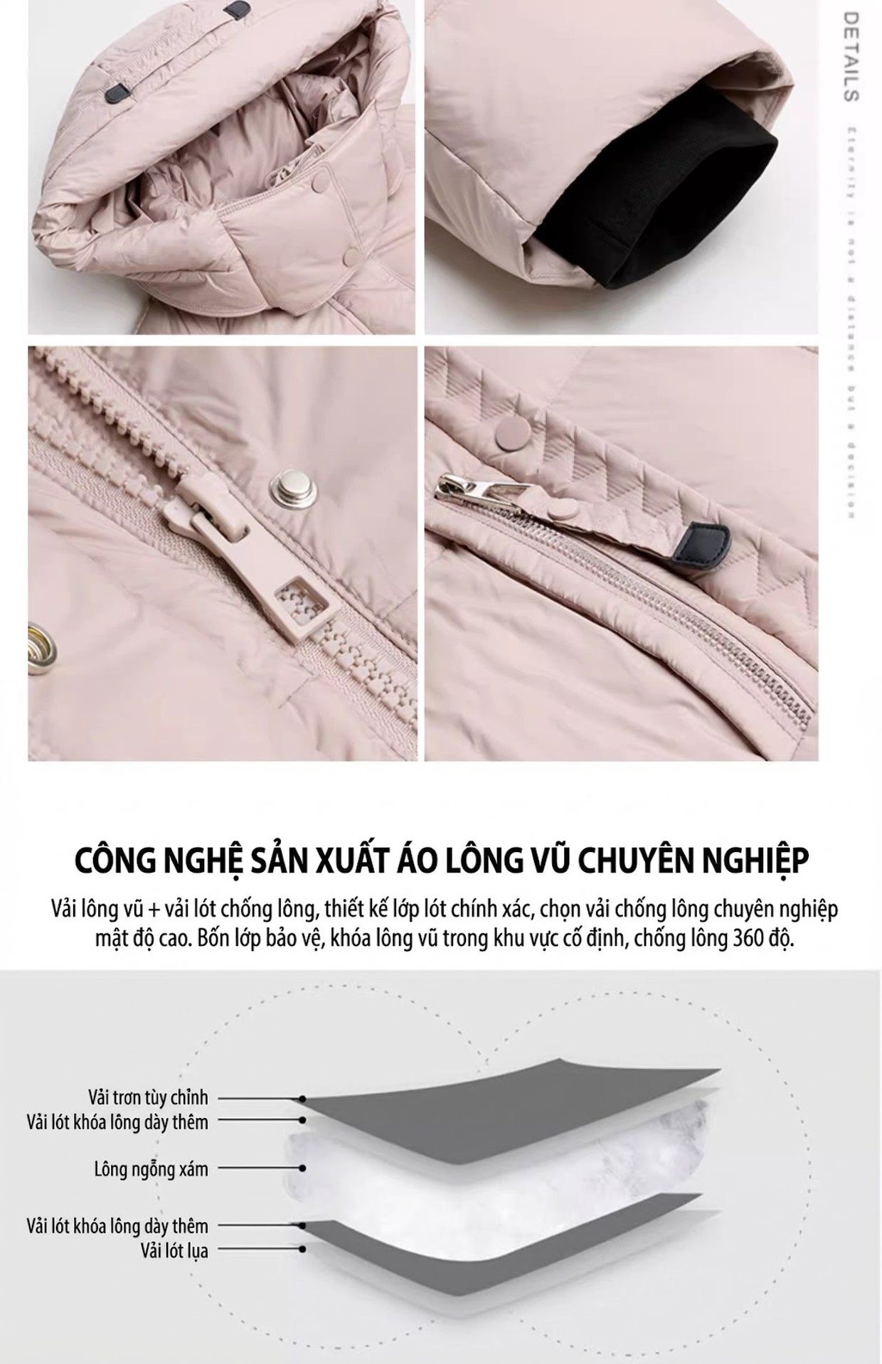 Áo Khoác Phao Nữ Dáng Dài Vừa Vặn Dáng Nhỏ Gọn Ấm Áp Màu Hồng, Xám, Đen chi tiết 4