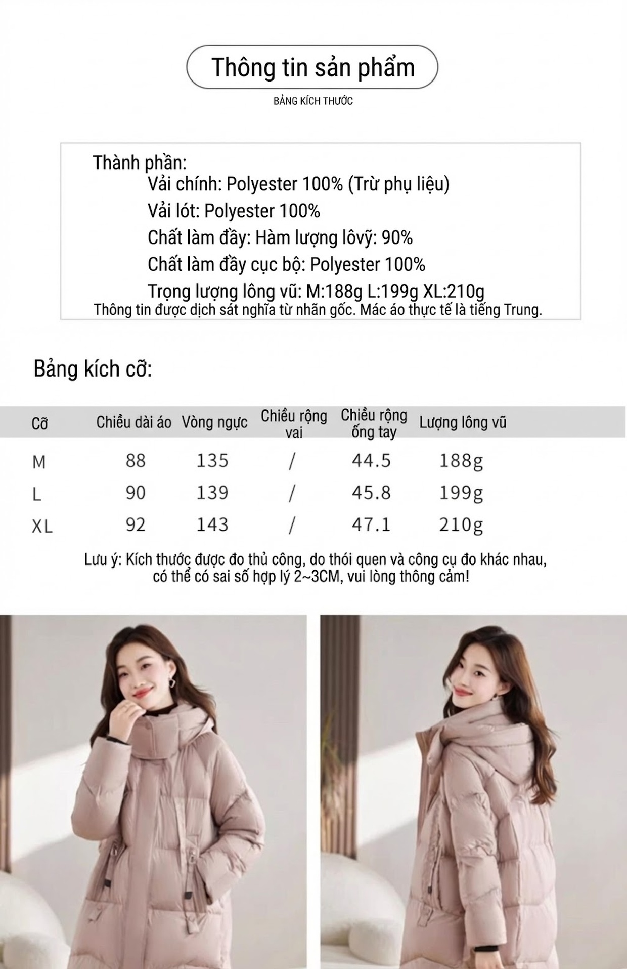 Áo Khoác Phao Nữ Dáng Dài Vừa Vặn Dáng Nhỏ Gọn Ấm Áp Màu Hồng, Xám, Đen chi tiết 5