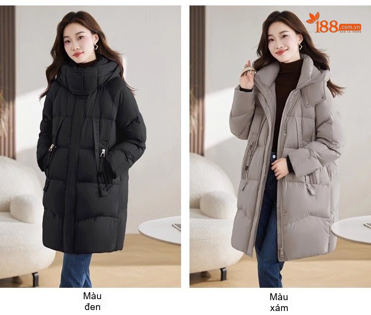 Áo Khoác Phao Nữ Dáng Dài Vừa Vặn Dáng Nhỏ Gọn Ấm Áp Màu Hồng, Xám, Đen chi tiết 6