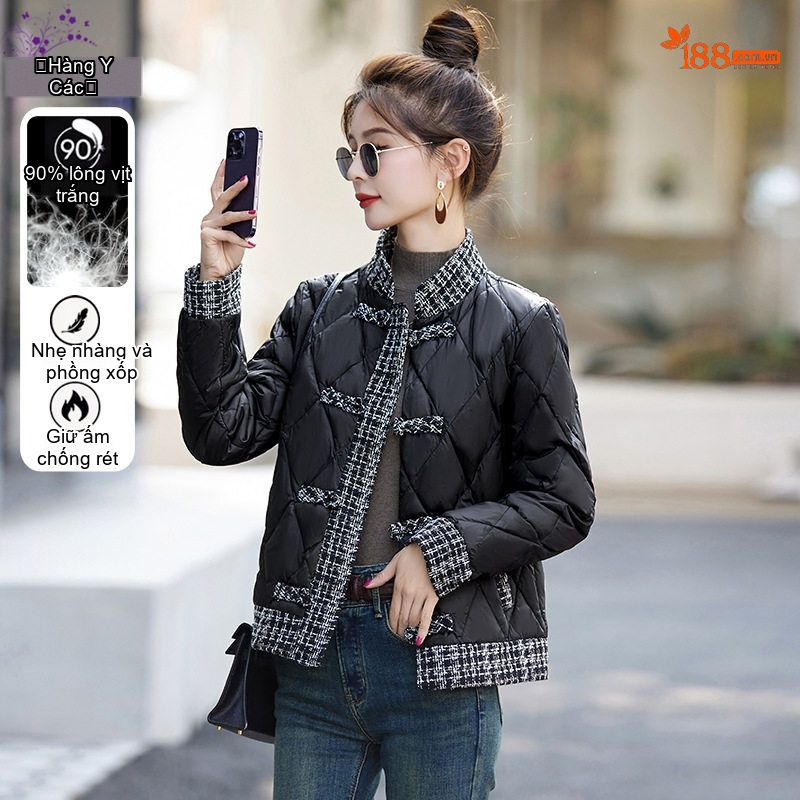 Áo Khoác Phao Nữ Dáng Ngắn Cổ Tàu Khuy Cài Phong Cách Trung Hoa Màu Be, Đen