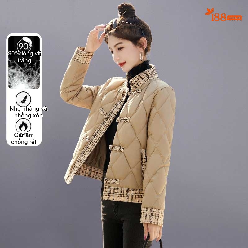 Áo Khoác Phao Nữ Dáng Ngắn Cổ Tàu Khuy Cài Phong Cách Trung Hoa Màu Be, Đen