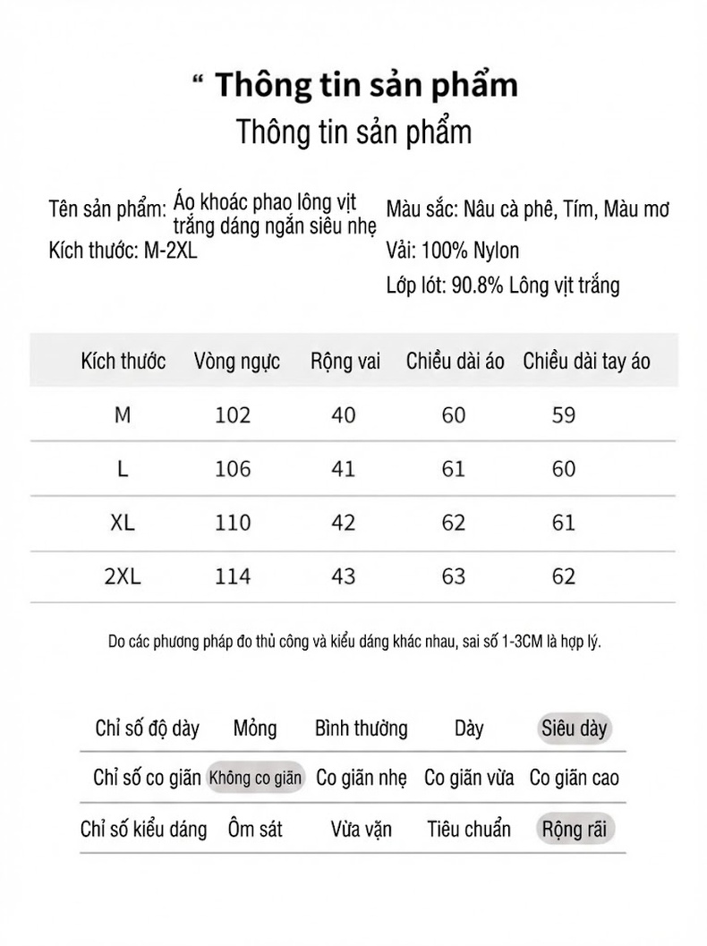 Áo Khoác Phao Nữ Dáng Ngắn Cổ Trụ Lót Lông Vũ Trắng Mỏng Nhẹ Màu Tím, Nâu, Kem chi tiết 20