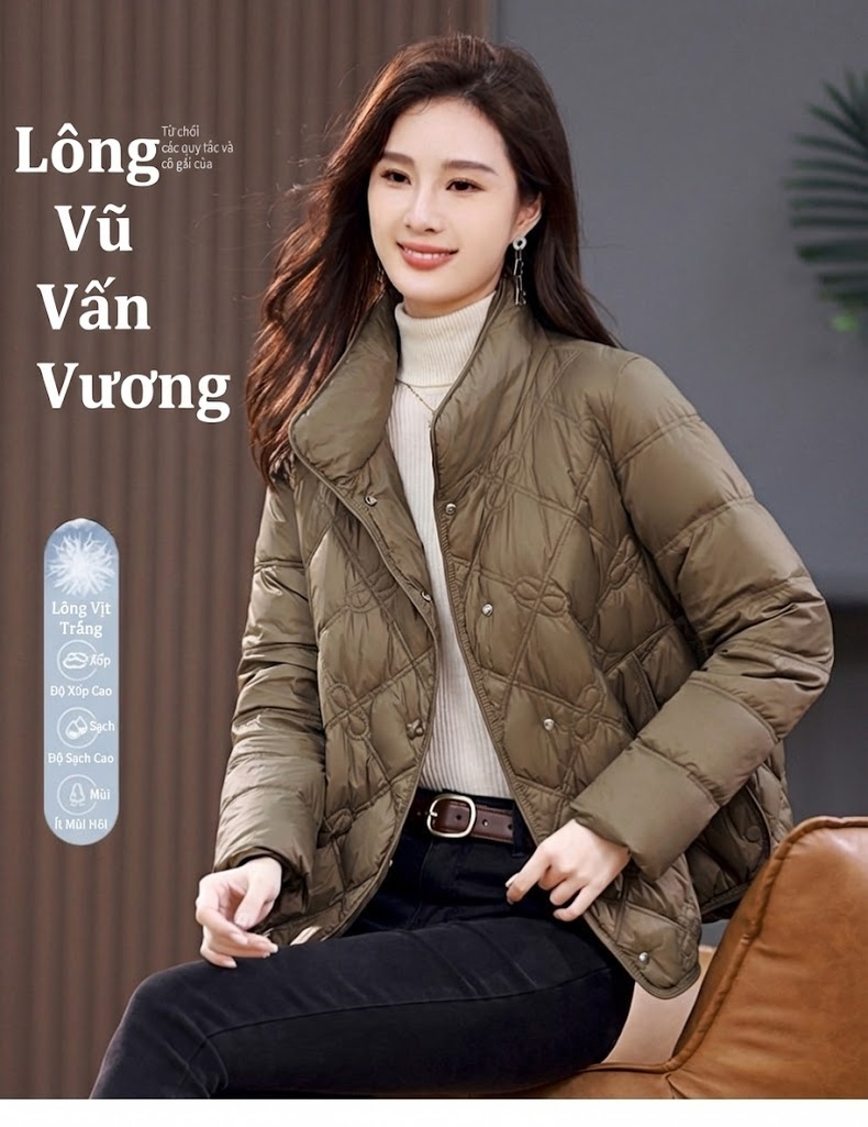 Áo Khoác Phao Nữ Dáng Ngắn Cổ Trụ Lót Lông Vũ Trắng Mỏng Nhẹ Màu Tím, Nâu, Kem chi tiết 1