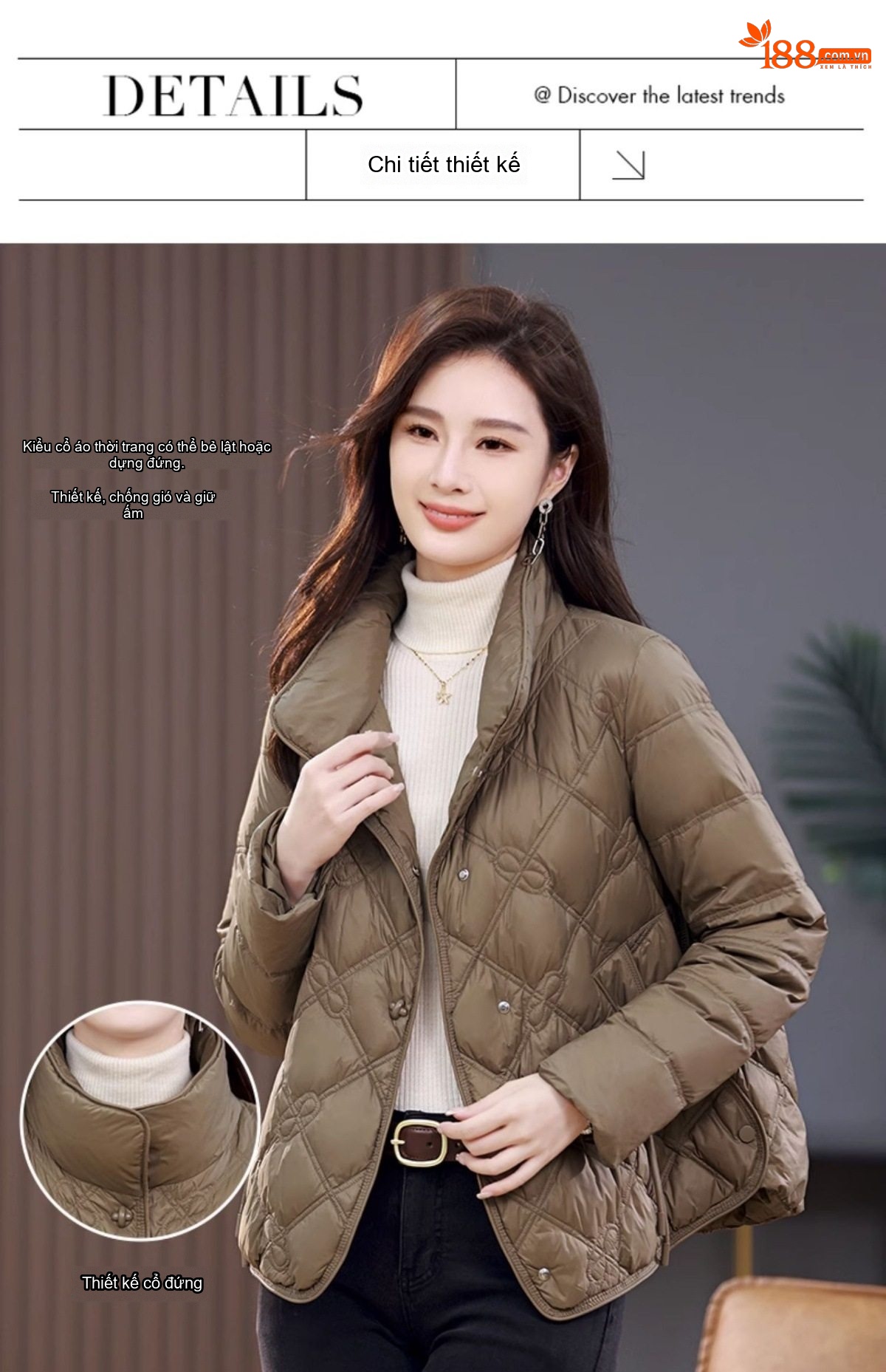 Áo Khoác Phao Nữ Dáng Ngắn Cổ Trụ Lót Lông Vũ Trắng Mỏng Nhẹ Màu Tím, Nâu, Kem chi tiết 10