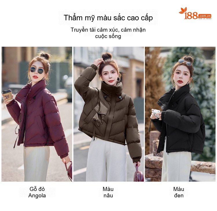 Áo Khoác Phao Nữ Dáng Ngắn Cổ Trụ Thiết Kế Túi Hộp Màu Đen, Nâu, Đỏ Rượu Vang chi tiết 5