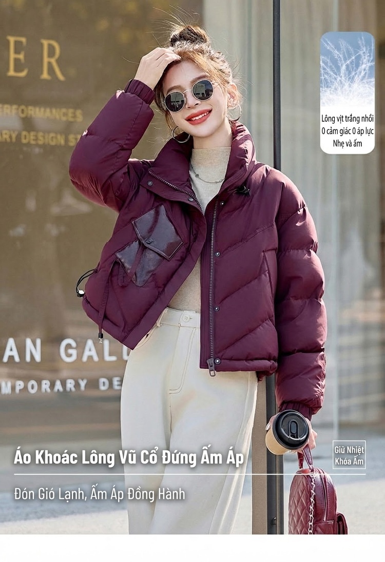 Áo Khoác Phao Nữ Dáng Ngắn Cổ Trụ Thiết Kế Túi Hộp Màu Đen, Nâu, Đỏ Rượu Vang chi tiết 2