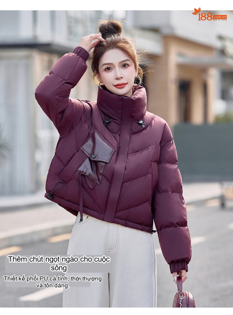 Áo Khoác Phao Nữ Dáng Ngắn Cổ Trụ Thiết Kế Túi Hộp Màu Đen, Nâu, Đỏ Rượu Vang chi tiết 16