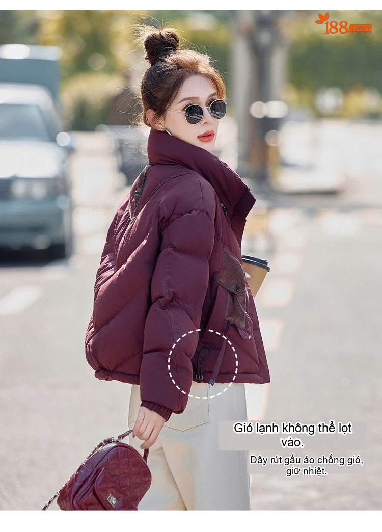 Áo Khoác Phao Nữ Dáng Ngắn Cổ Trụ Thiết Kế Túi Hộp Màu Đen, Nâu, Đỏ Rượu Vang chi tiết 17