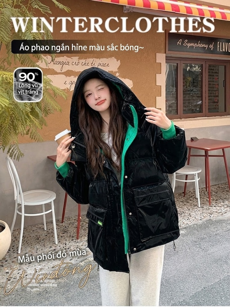 Áo Khoác Phao Nữ Dáng Ngắn Da Bóng Dày Dặn Giữ Ấm Màu Đen chi tiết 1