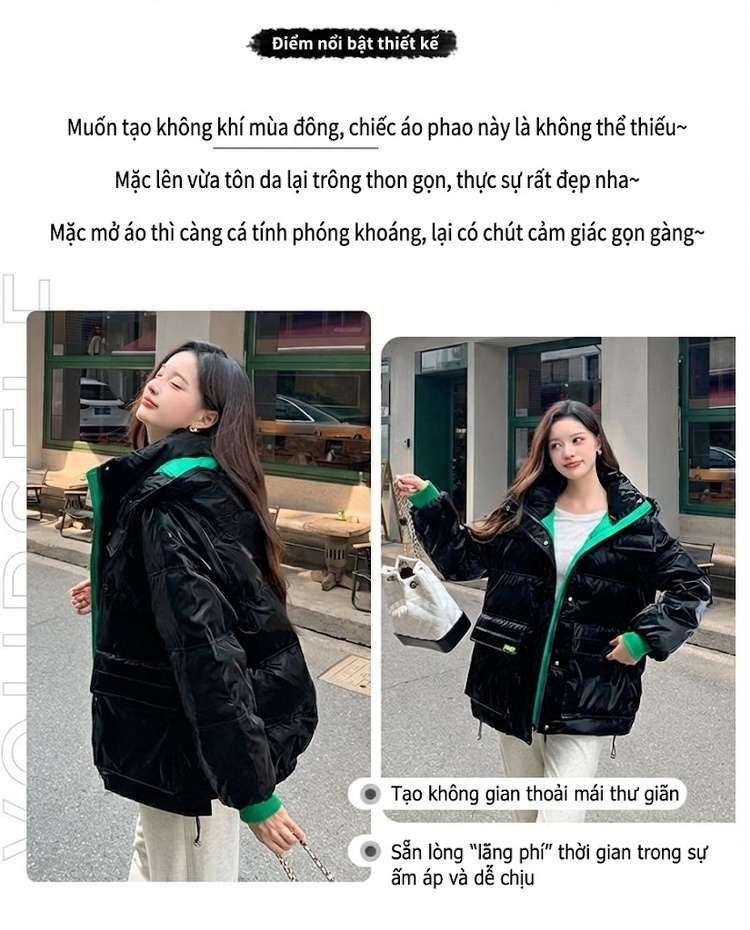 Áo Khoác Phao Nữ Dáng Ngắn Da Bóng Dày Dặn Giữ Ấm Màu Đen chi tiết 5