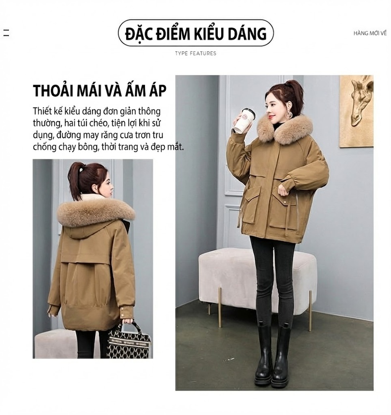 Áo Khoác Phao Nữ Dáng Ngắn Lót Lông Dày Dặn Có Mũ Trùm Màu Be chi tiết 3
