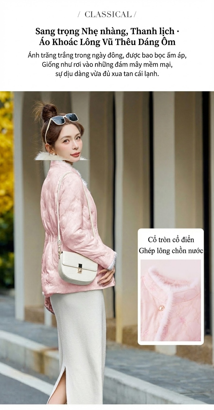 Áo Khoác Phao Nữ Dáng Ngắn Nhẹ Kiểu Trung Quốc Cổ Điển Màu Trắng, Hồng chi tiết 13