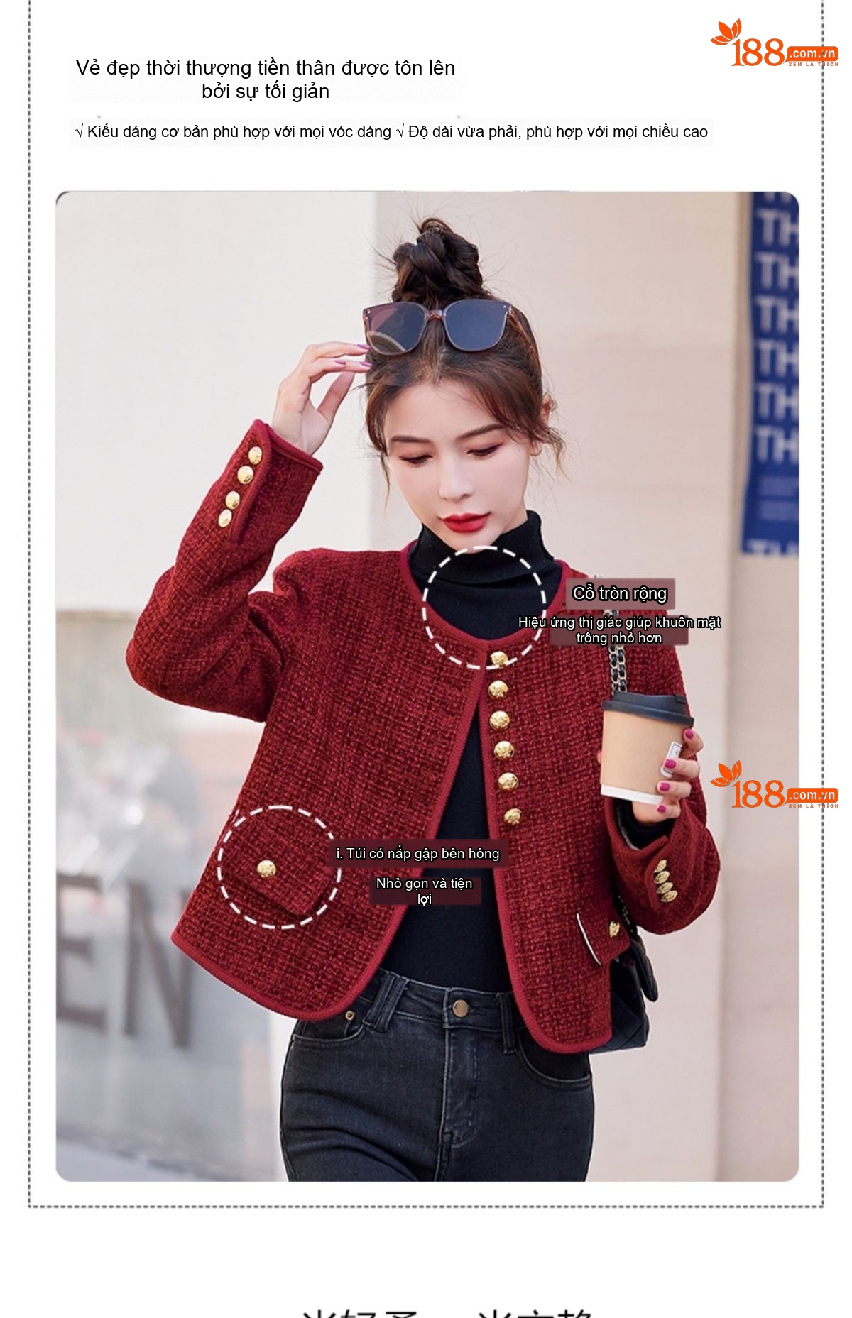 Áo Khoác Phao Nữ Dáng Ngắn Phong Cách Tiểu Thư Chất Liệu Lông Nỉ Cao Cấp Màu Đỏ, Đen chi tiết 8