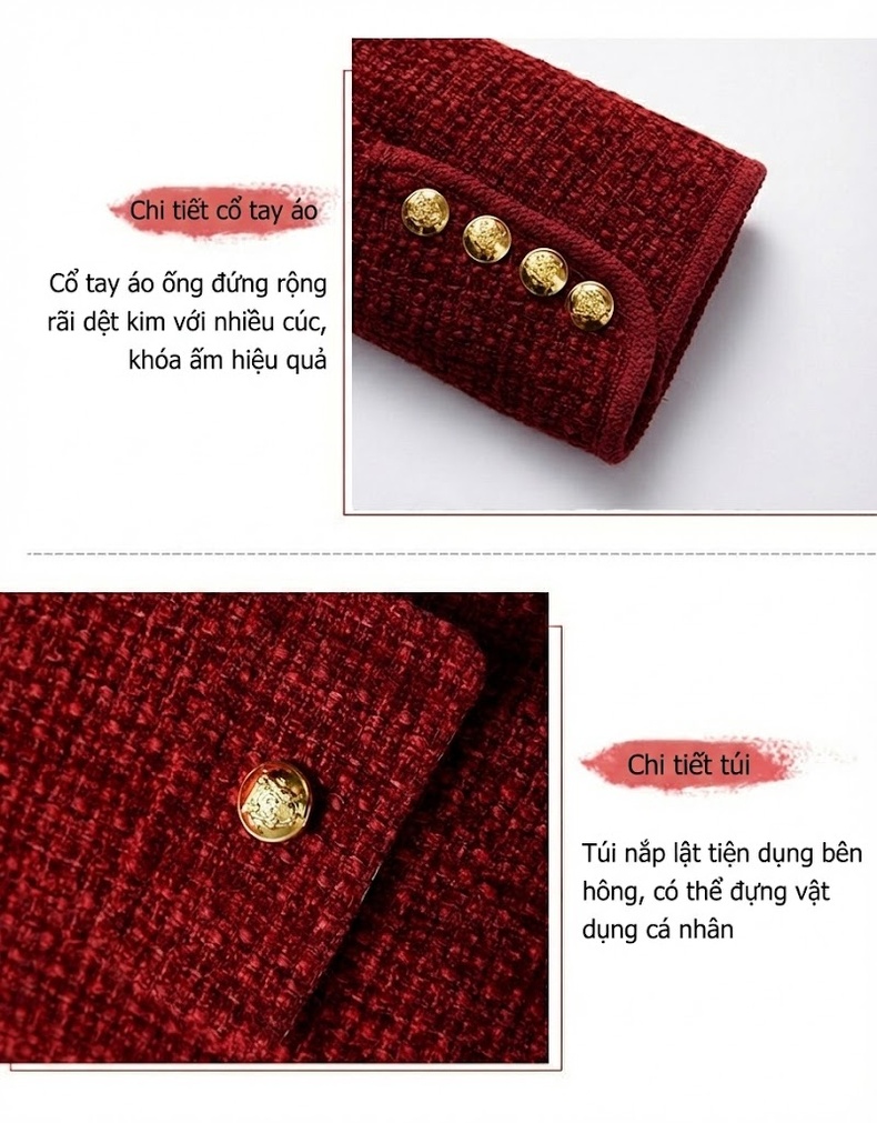 Áo Khoác Phao Nữ Dáng Ngắn Phong Cách Tiểu Thư Chất Liệu Lông Nỉ Cao Cấp Màu Đỏ, Đen chi tiết 4