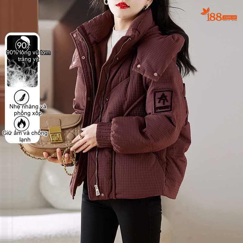 Áo Khoác Phao Nữ Dáng Ngắn Phong Cách Ulzzang Thời Trang Màu Nâu, Trắng, Đen, Đỏ Rượu