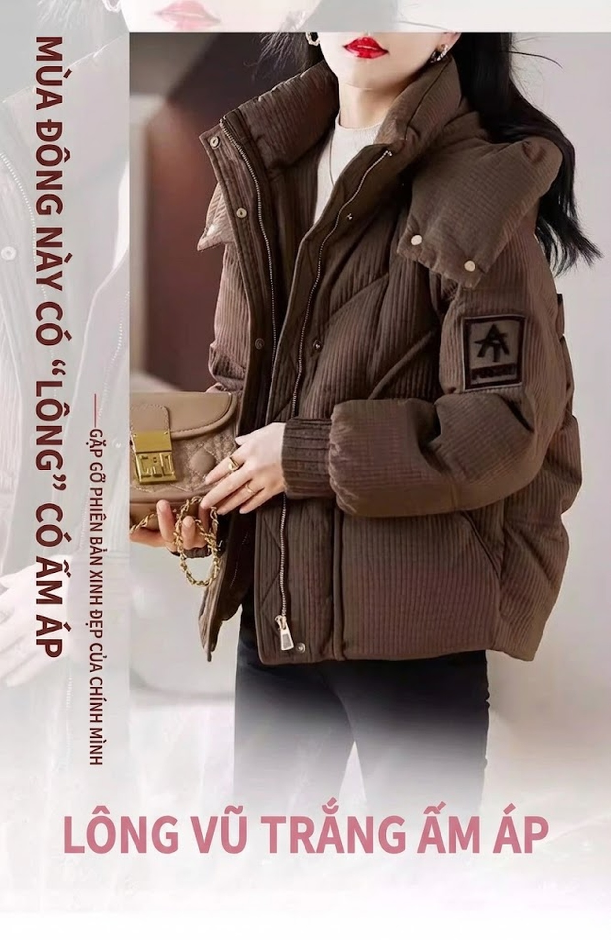 Áo Khoác Phao Nữ Dáng Ngắn Phong Cách Ulzzang Thời Trang Màu Nâu, Trắng, Đen, Đỏ Rượu chi tiết 1