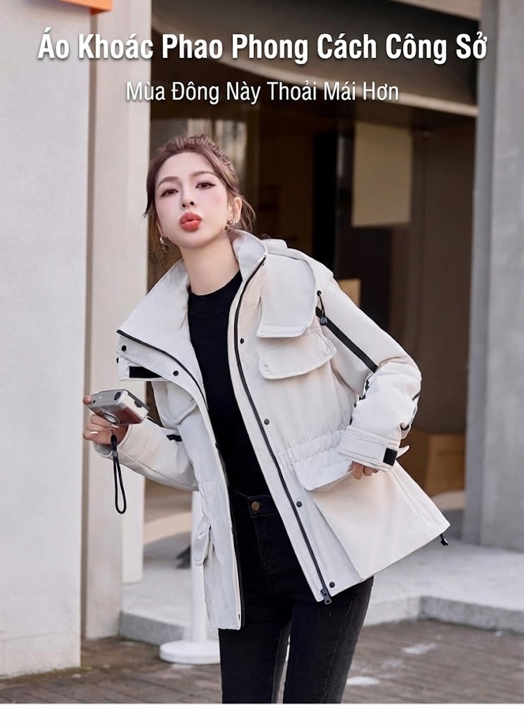 Áo Khoác Phao Nữ Dáng 工装 Thiết Kế Thắt Eo Thời Trang Giữ Ấm Màu Be, Đen chi tiết 5
