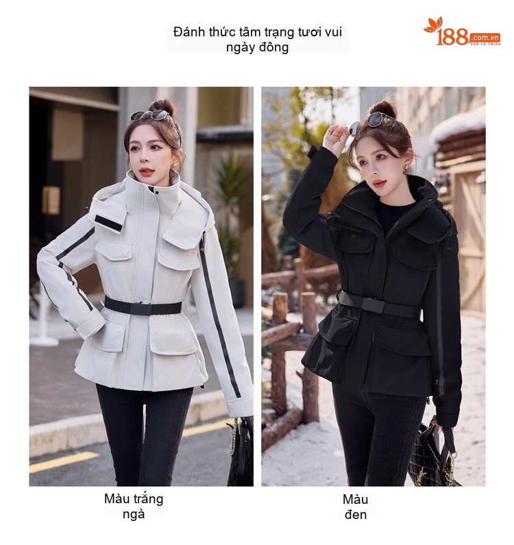 Áo Khoác Phao Nữ Dáng 工装 Thiết Kế Thắt Eo Thời Trang Giữ Ấm Màu Be, Đen chi tiết 4