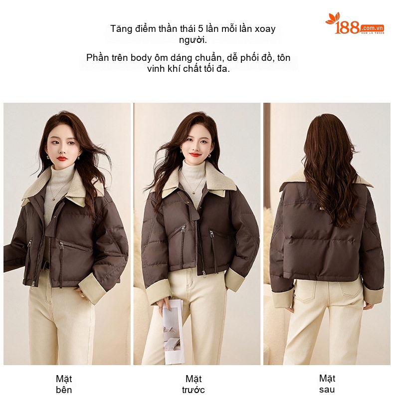 Áo Khoác Phao Nữ Dệt Kim Cổ Lật Kiểu Croptop Lót Lông Vịt Trắng Giữ Ấm Màu Nâu, Be, Xanh Olive, Đen chi tiết 5