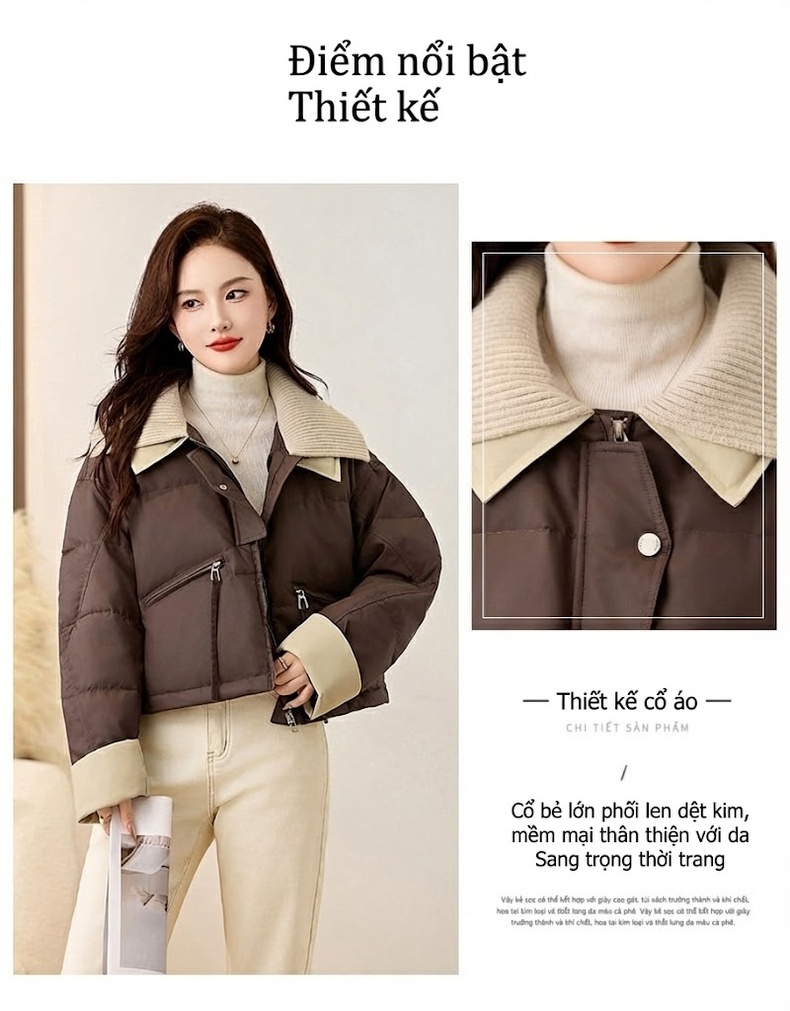 Áo Khoác Phao Nữ Dệt Kim Cổ Lật Kiểu Croptop Lót Lông Vịt Trắng Giữ Ấm Màu Nâu, Be, Xanh Olive, Đen chi tiết 6