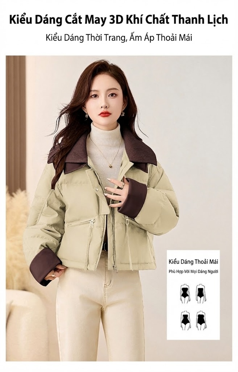 Áo Khoác Phao Nữ Dệt Kim Cổ Lật Kiểu Croptop Lót Lông Vịt Trắng Giữ Ấm Màu Nâu, Be, Xanh Olive, Đen chi tiết 2