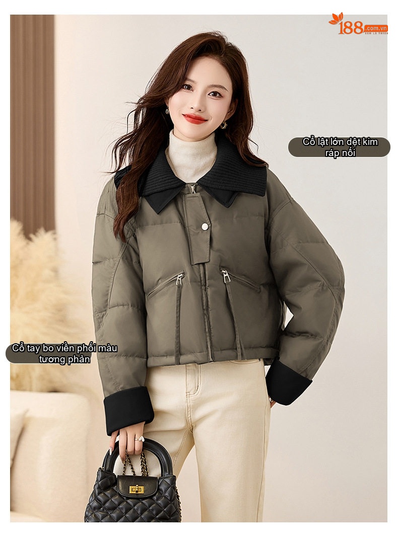 Áo Khoác Phao Nữ Dệt Kim Cổ Lật Kiểu Croptop Lót Lông Vịt Trắng Giữ Ấm Màu Nâu, Be, Xanh Olive, Đen chi tiết 3