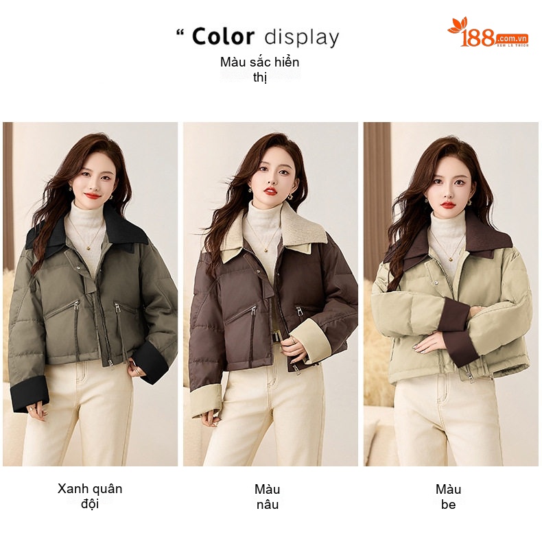 Áo Khoác Phao Nữ Dệt Kim Cổ Lật Kiểu Croptop Lót Lông Vịt Trắng Giữ Ấm Màu Nâu, Be, Xanh Olive, Đen chi tiết 14