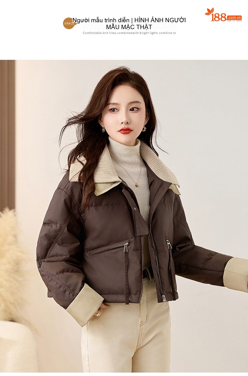 Áo Khoác Phao Nữ Dệt Kim Cổ Lật Kiểu Croptop Lót Lông Vịt Trắng Giữ Ấm Màu Nâu, Be, Xanh Olive, Đen chi tiết 15