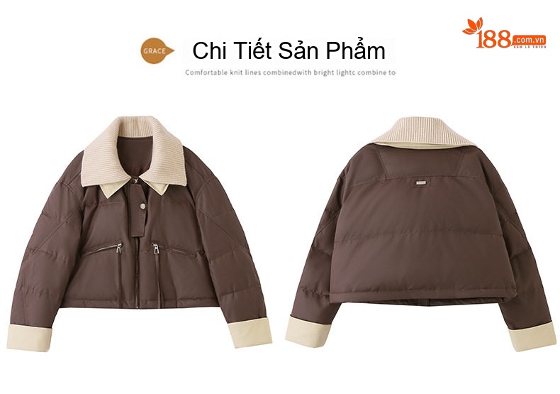 Áo Khoác Phao Nữ Dệt Kim Cổ Lật Kiểu Croptop Lót Lông Vịt Trắng Giữ Ấm Màu Nâu, Be, Xanh Olive, Đen chi tiết 28