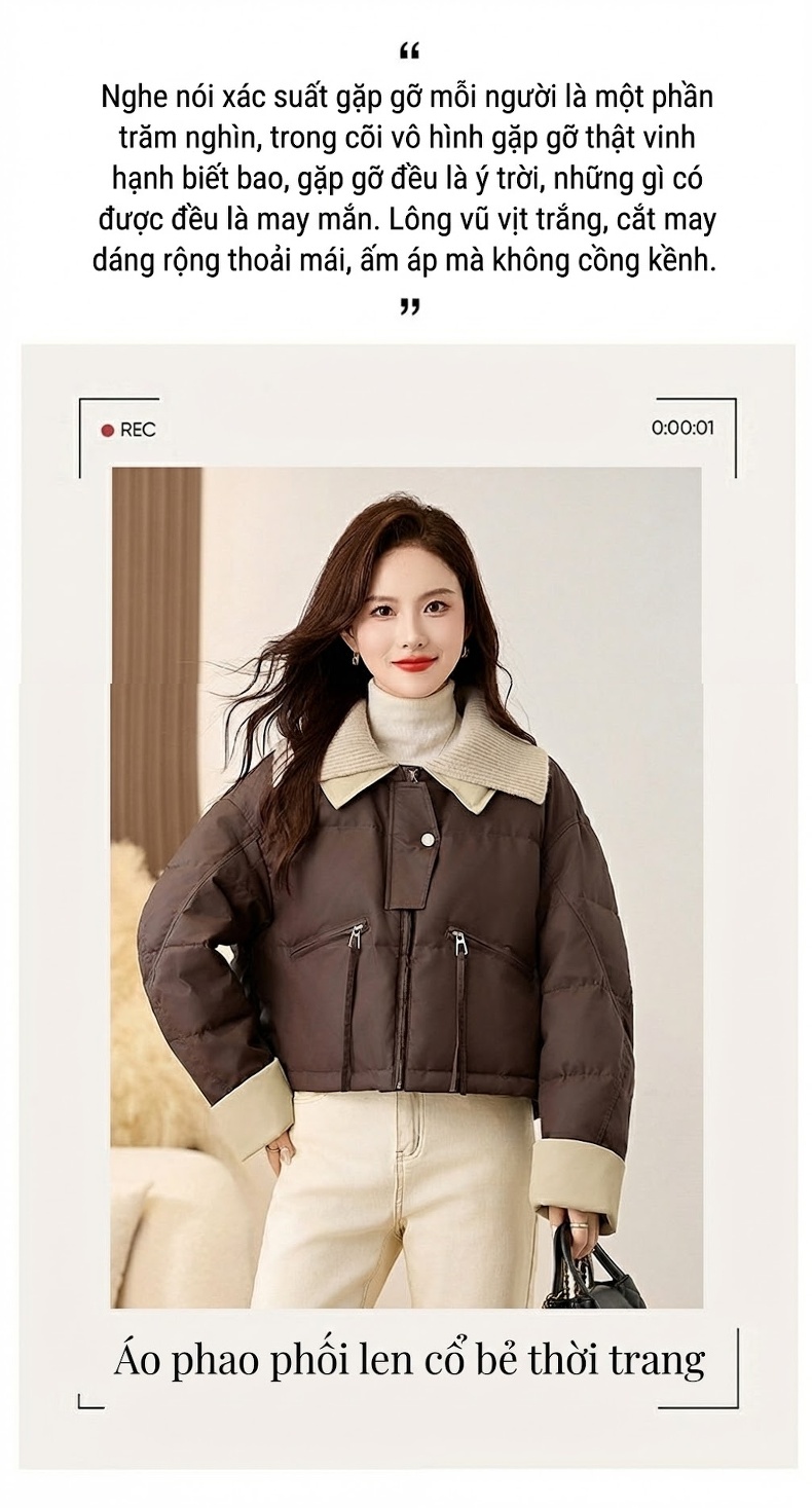 Áo Khoác Phao Nữ Dệt Kim Cổ Lật Kiểu Croptop Lót Lông Vịt Trắng Giữ Ấm Màu Nâu, Be, Xanh Olive, Đen chi tiết 4