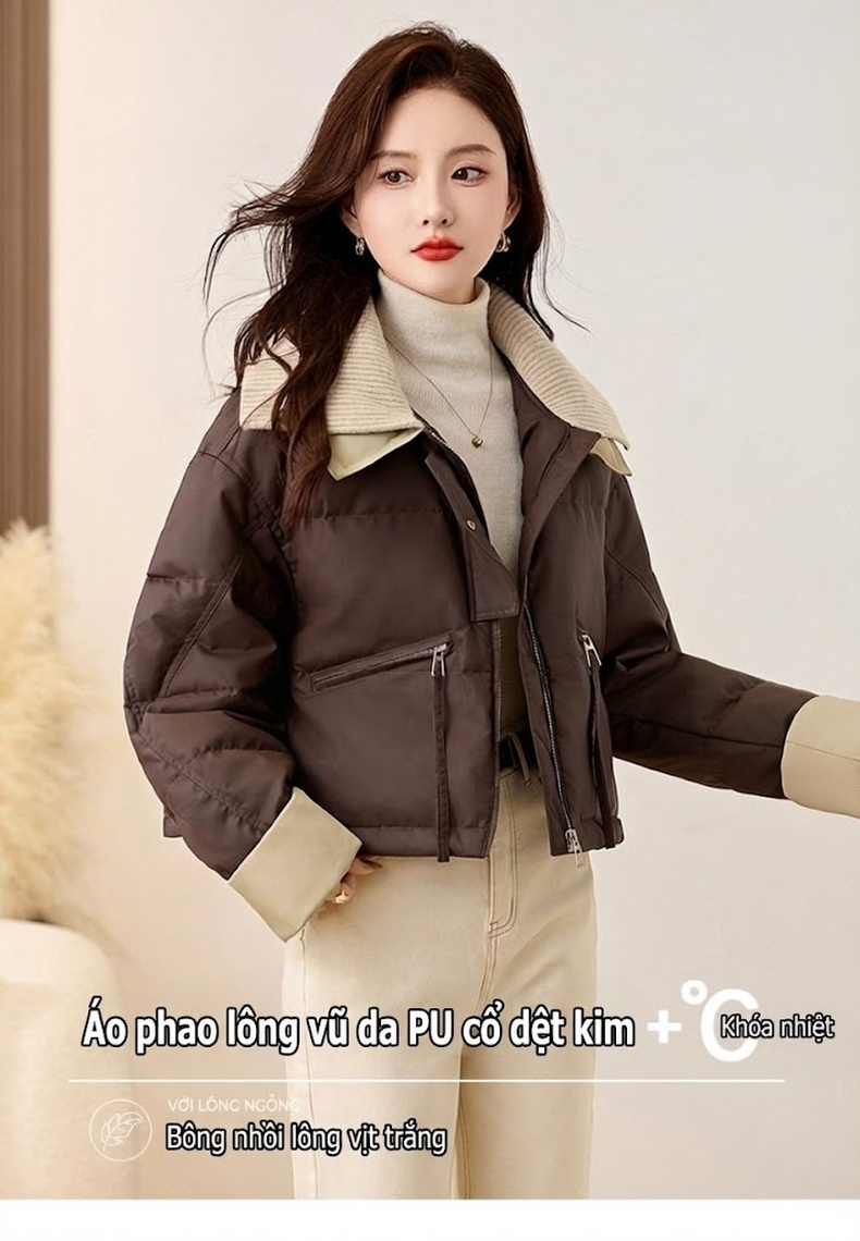 Áo Khoác Phao Nữ Dệt Kim Cổ Lật Kiểu Croptop Lót Lông Vịt Trắng Giữ Ấm Màu Nâu, Be, Xanh Olive, Đen chi tiết 1