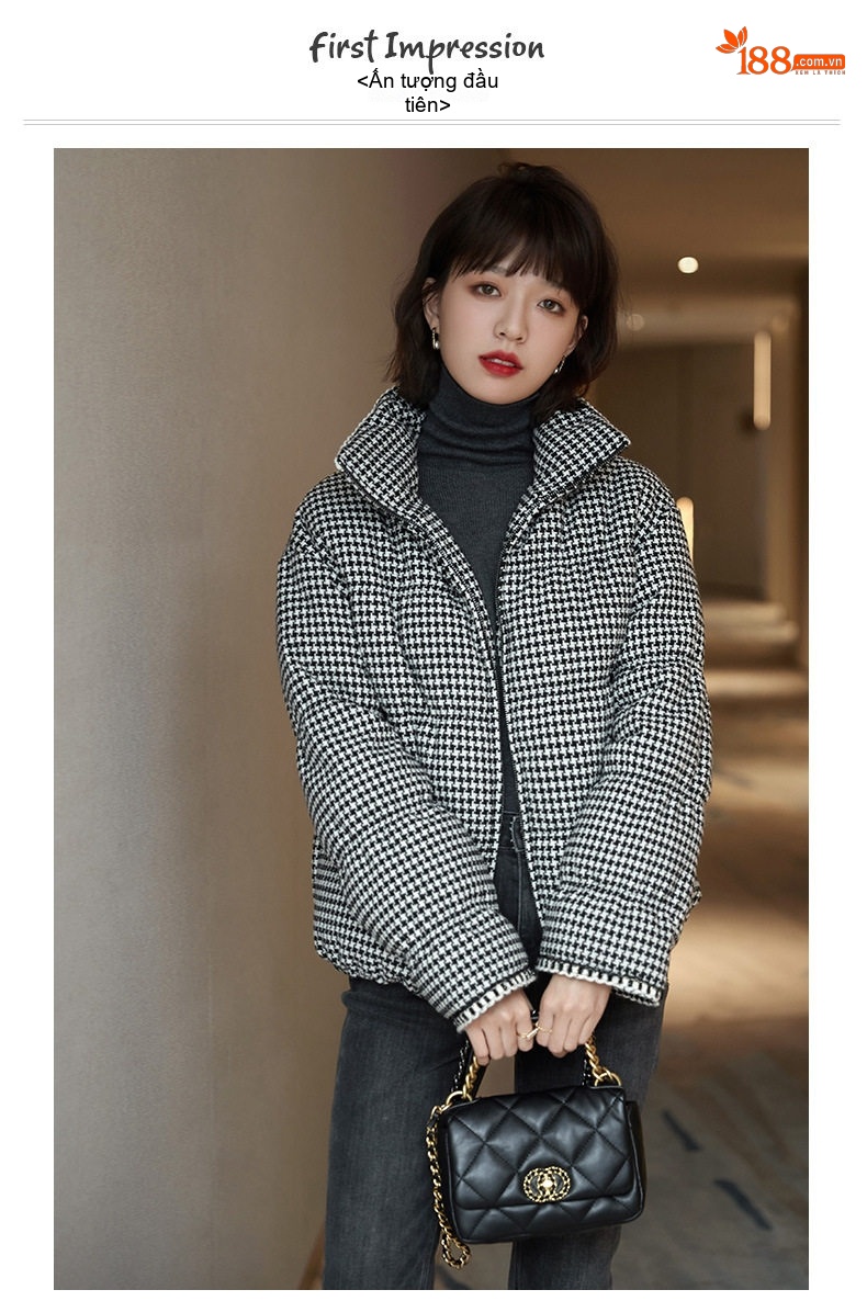Áo Khoác Phao Nữ Họa Tiết Houndstooth Ngắn Tay Lỡ Phong Cách Hàn Quốc chi tiết 1