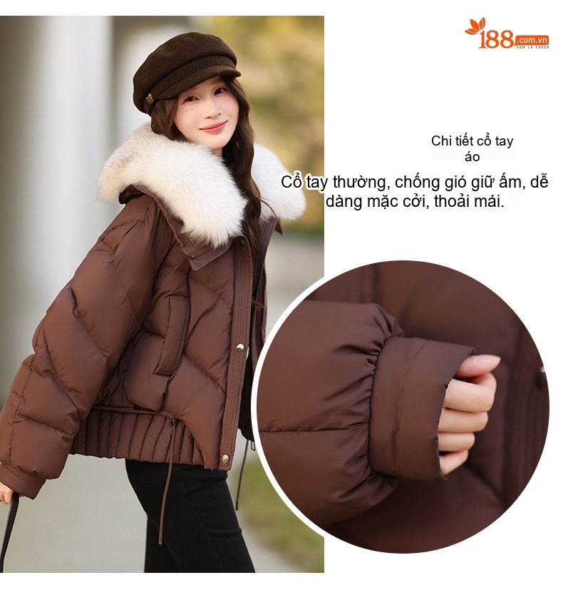 Áo Khoác Phao Nữ Lông Cổ Lớn Kiểu Ngắn Rộng Rãi Màu Trắng, Hồng, Nâu, Đen chi tiết 9