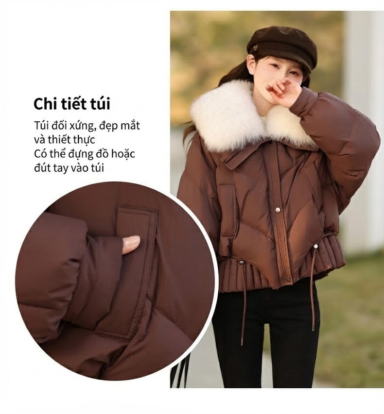 Áo Khoác Phao Nữ Lông Cổ Lớn Kiểu Ngắn Rộng Rãi Màu Trắng, Hồng, Nâu, Đen chi tiết 10