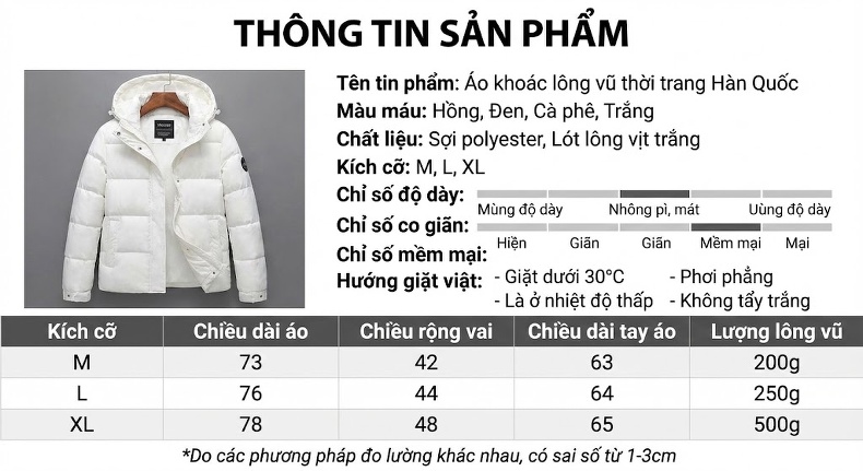 Áo Khoác Phao Nữ Lông Cổ Lớn Kiểu Ngắn Rộng Rãi Màu Trắng, Hồng, Nâu, Đen chi tiết 11