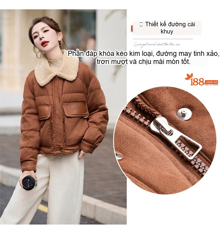 Áo Khoác Phao Nữ Lông Cừu Non Cổ Trụ Ngắn Màu Nâu chi tiết 6