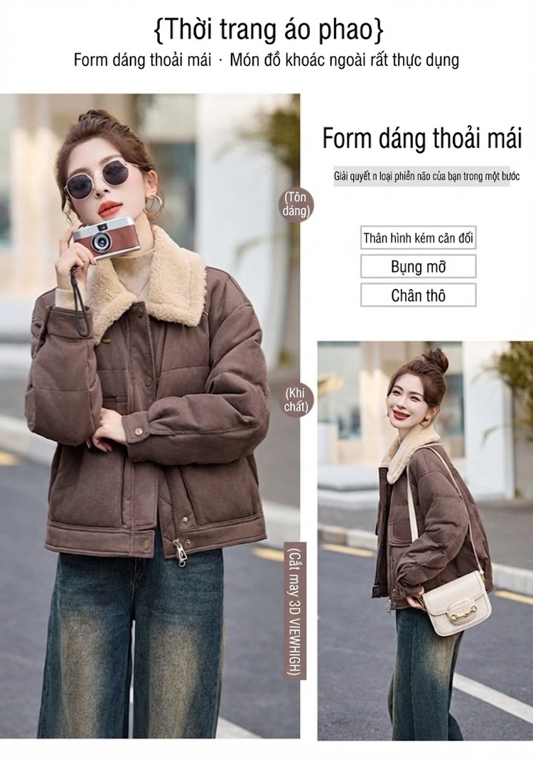 Áo Khoác Phao Nữ Lông Cừu Non Cổ Trụ Ngắn Màu Nâu chi tiết 8