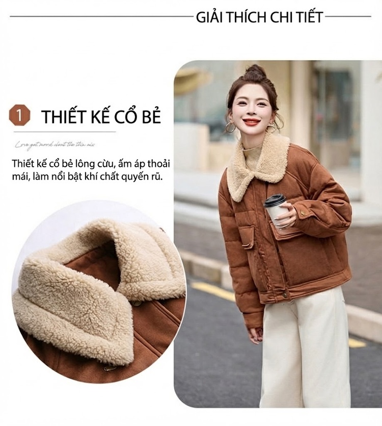 Áo Khoác Phao Nữ Lông Cừu Non Cổ Trụ Ngắn Màu Nâu chi tiết 5