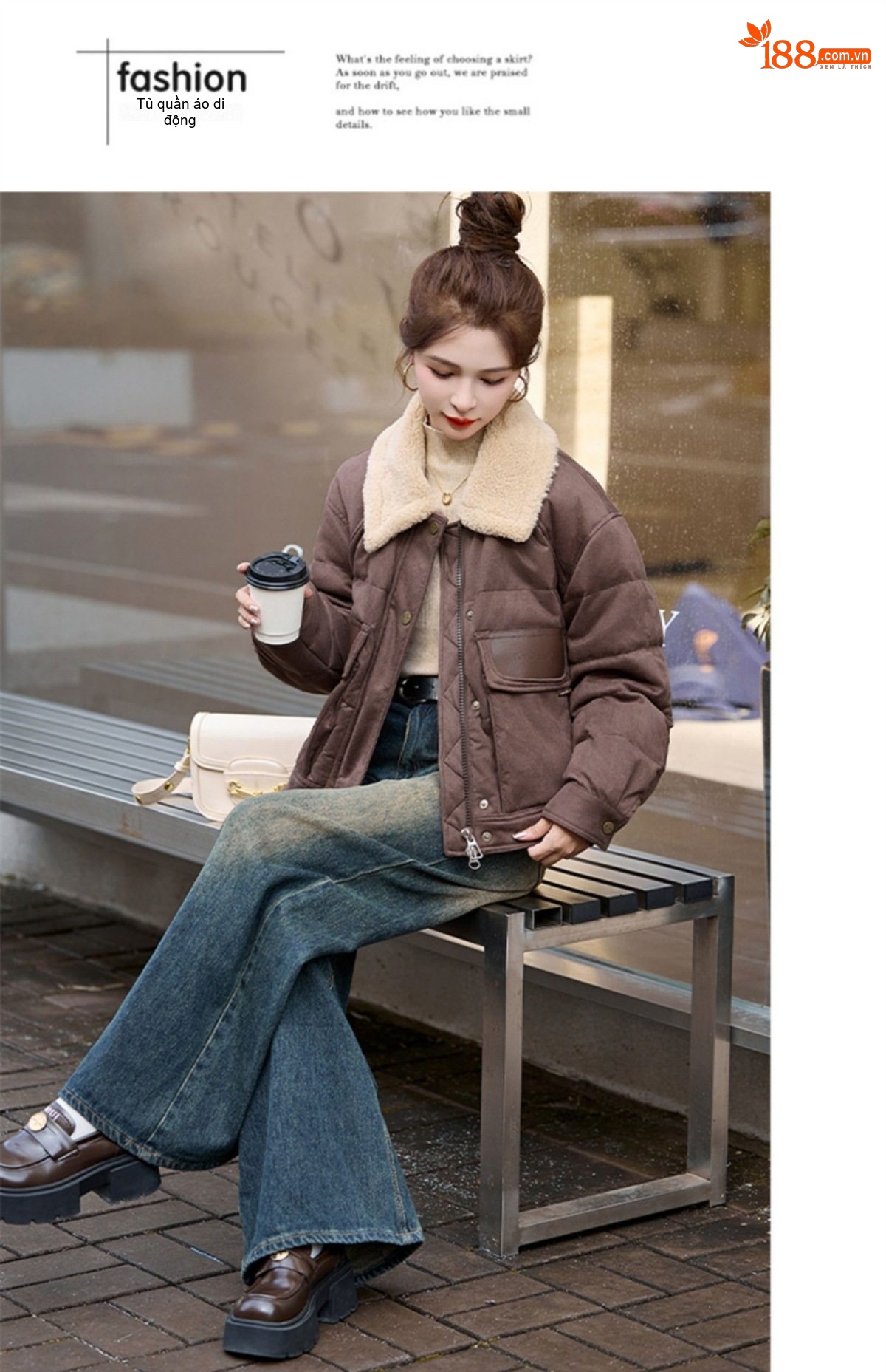 Áo Khoác Phao Nữ Lông Cừu Non Cổ Trụ Ngắn Màu Nâu chi tiết 24