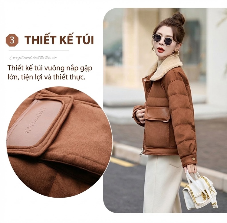 Áo Khoác Phao Nữ Lông Cừu Non Cổ Trụ Ngắn Màu Nâu chi tiết 7