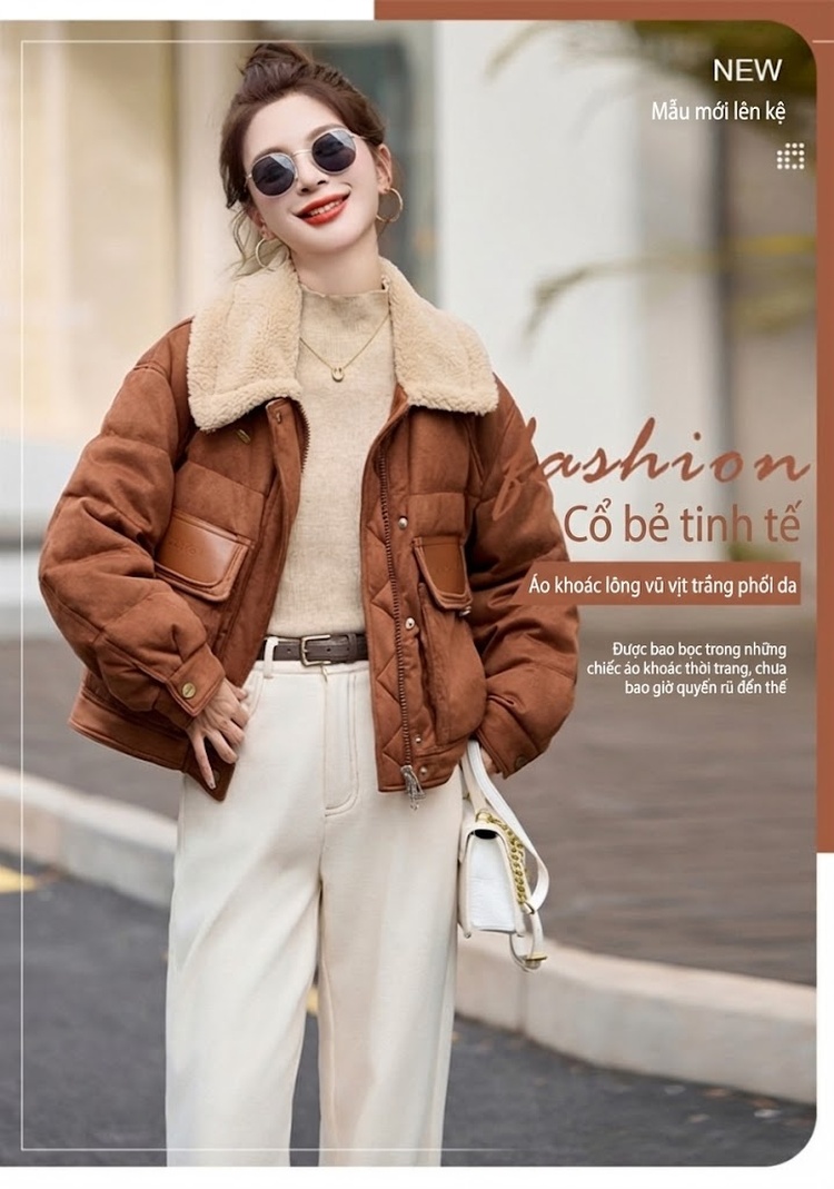 Áo Khoác Phao Nữ Lông Cừu Non Cổ Trụ Ngắn Màu Nâu chi tiết 2