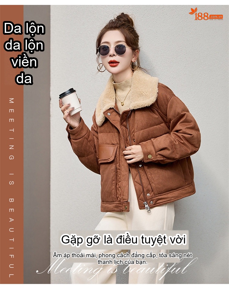 Áo Khoác Phao Nữ Lông Cừu Non Cổ Trụ Ngắn Màu Nâu chi tiết 3