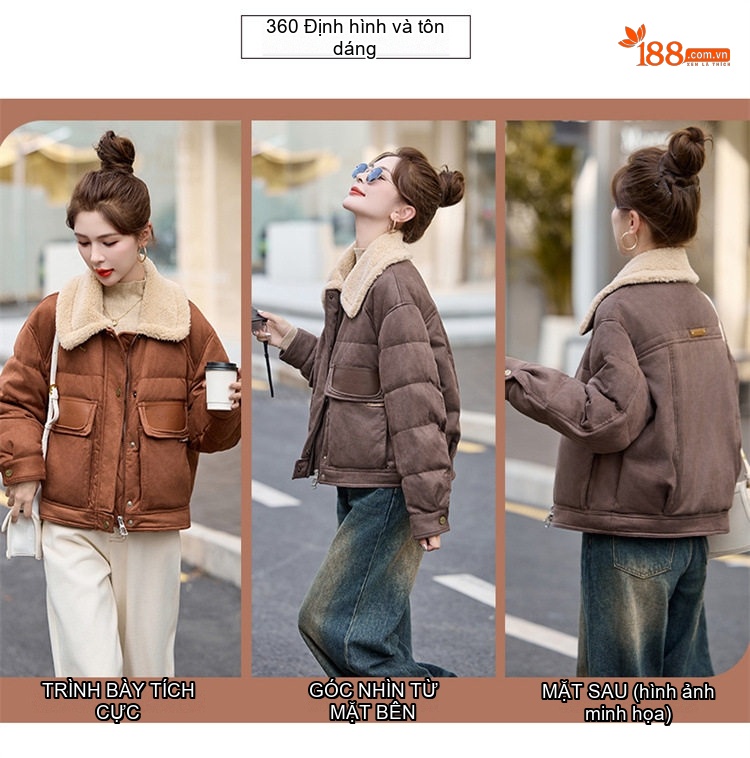 Áo Khoác Phao Nữ Lông Cừu Non Cổ Trụ Ngắn Màu Nâu chi tiết 4